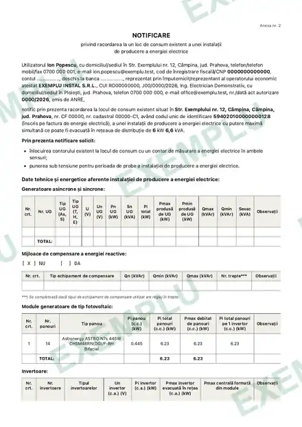 Notificarea, pe formularul operatorului — pagină dintr-un dosar demonstrativ