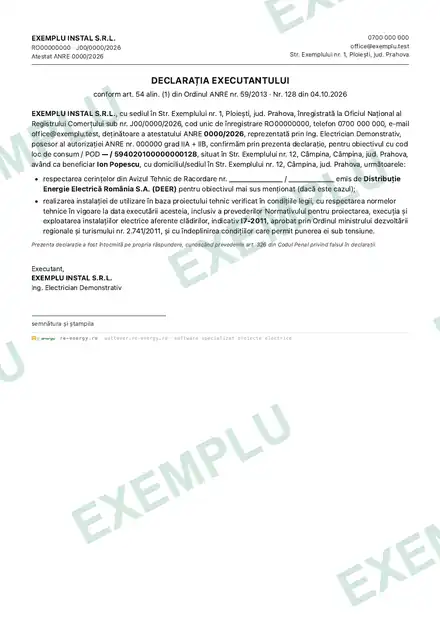 Declarația executantului — pagină dintr-un dosar demonstrativ
