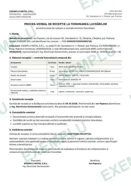 Procesul-verbal de recepție la terminarea lucrărilor — pagină dintr-un dosar demonstrativ