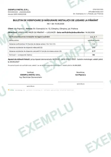 Buletinul de verificare a prizei de pământ — pagină dintr-un dosar demonstrativ