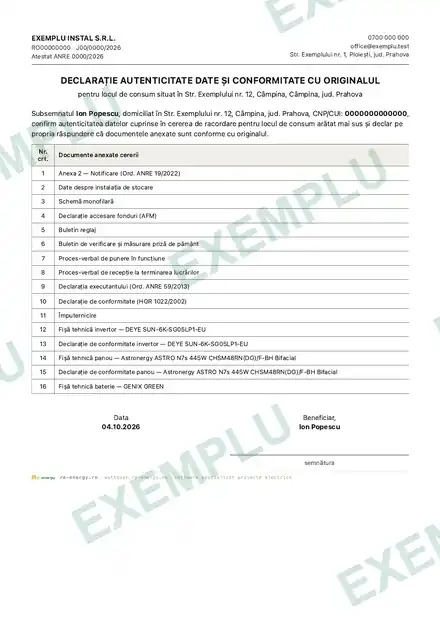 Declarația de autenticitate și opisul — pagină dintr-un dosar demonstrativ
